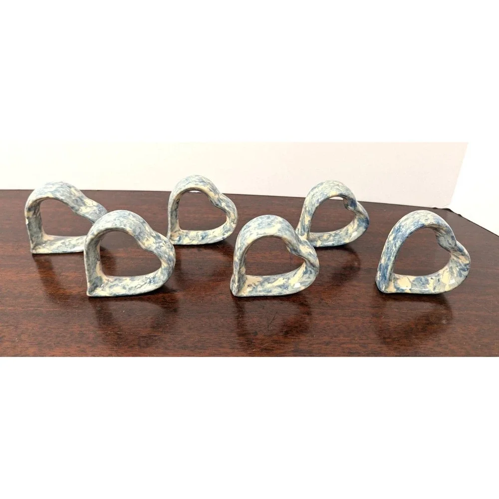 Vintage Blue White Spongeware Ceramic Heart Napkin Rings Set of 6 Country Farm